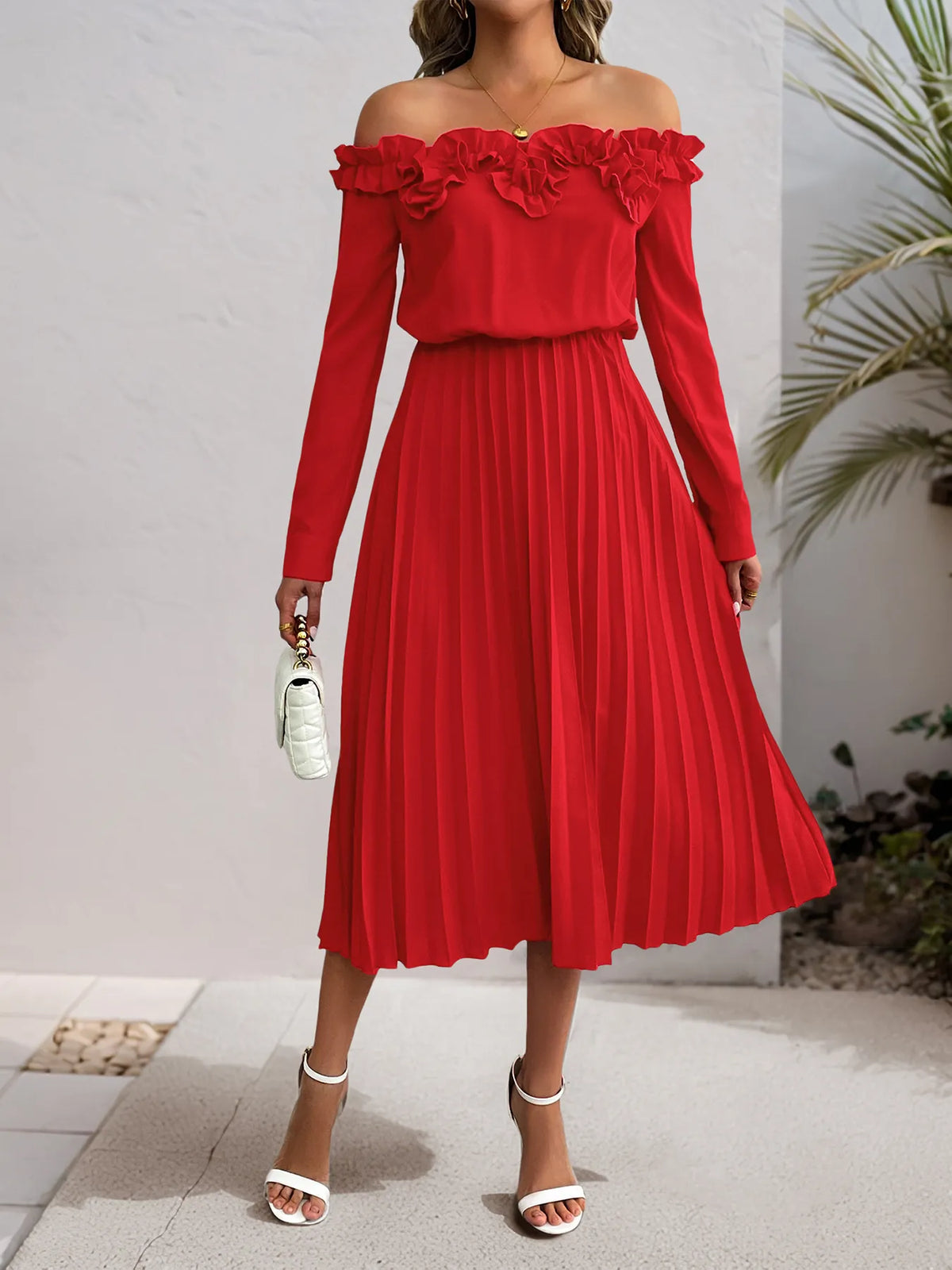 Women's Pleated Off-Shoulder Ruffle Midi Dress