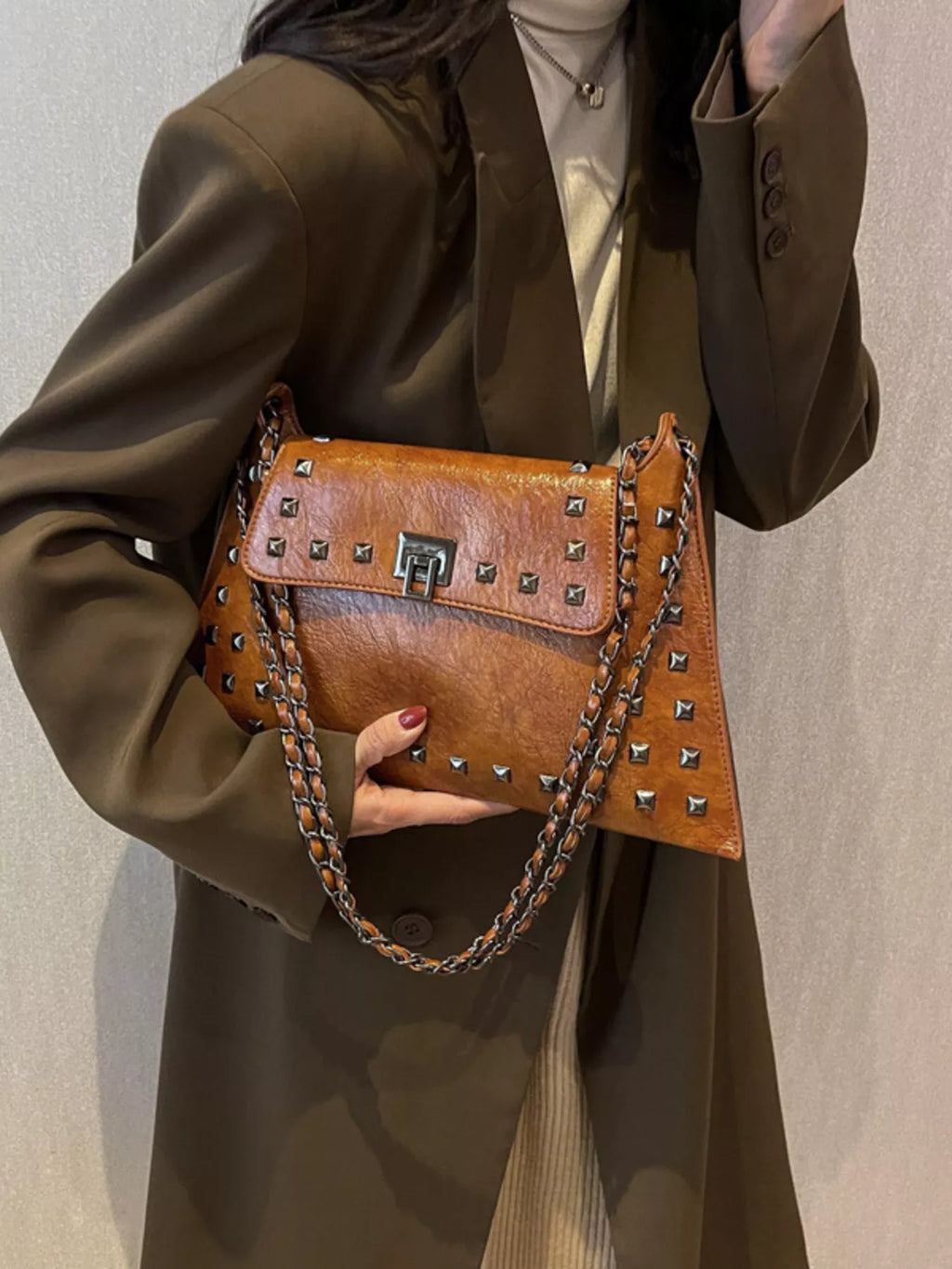 Women's Studded Flap Shoulder Bag with Chain - Brown