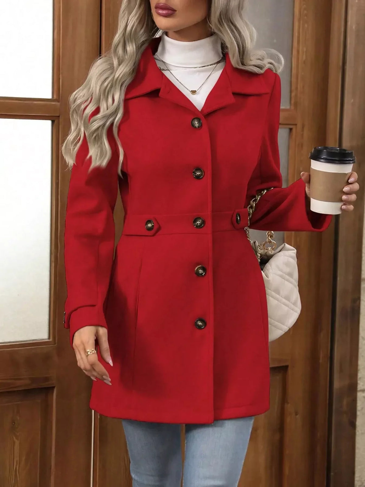 Women's Casual Long Sleeve Button-Up Jacket - Scarlet