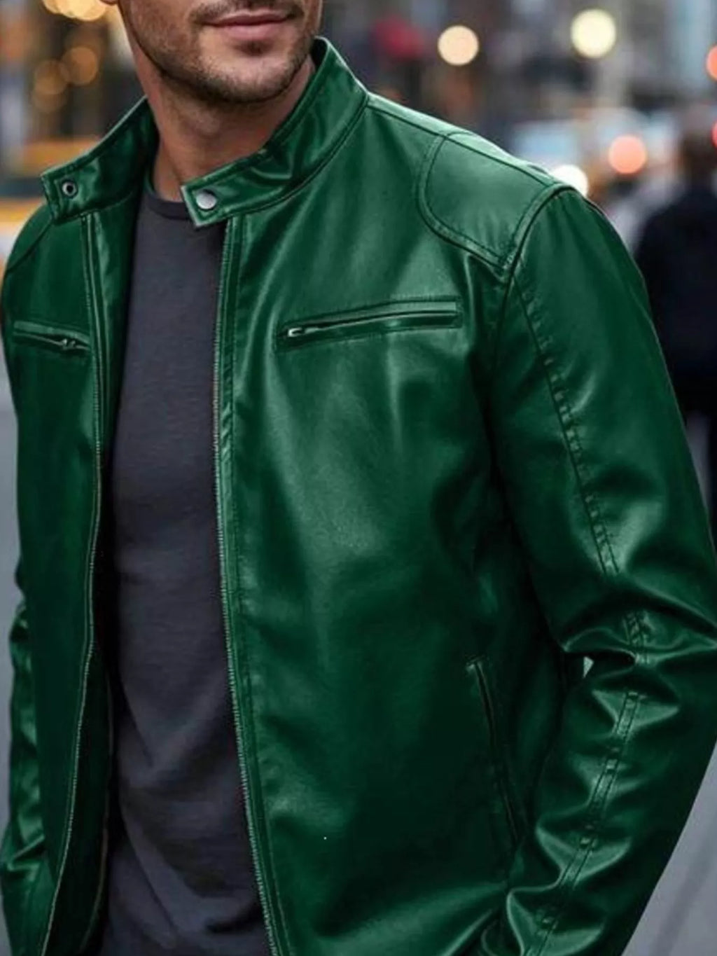 Men's Zip-Up Biker Jacket Big and Tall - Dark Green