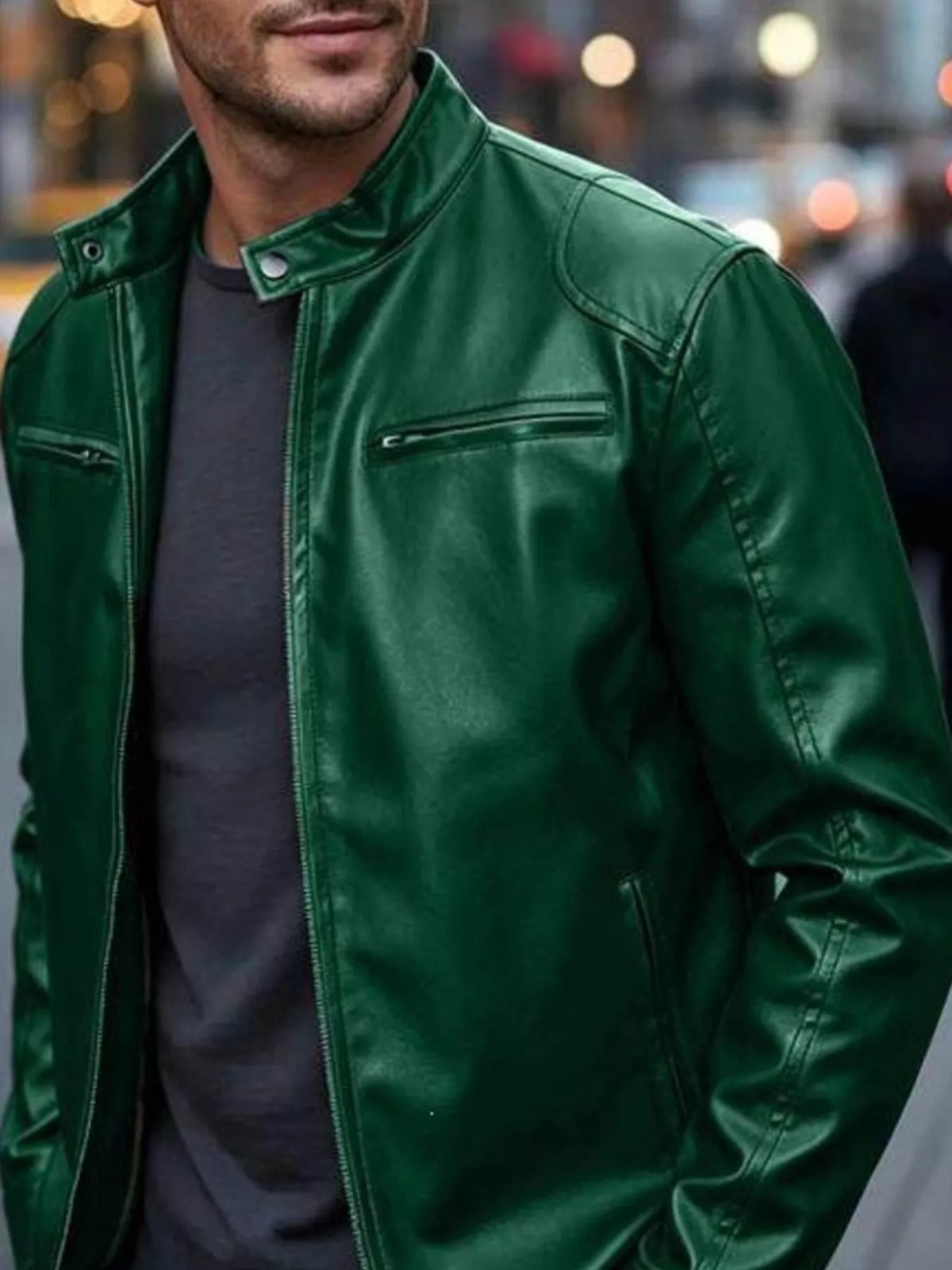 Men's Zip-Up Biker Jacket Big and Tall - Dark Green