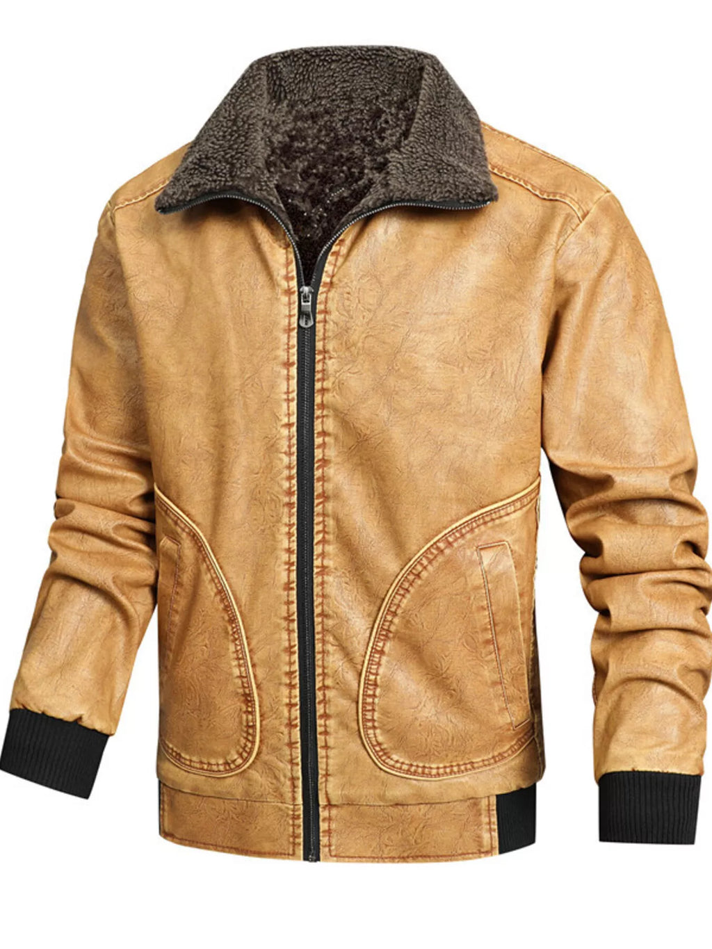 Men's Leather Jacket with Sherpa Collar Plus Size - Yellow