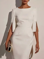 Women's Elegant Fitted Midi Dress with Beaded Open Sleeves