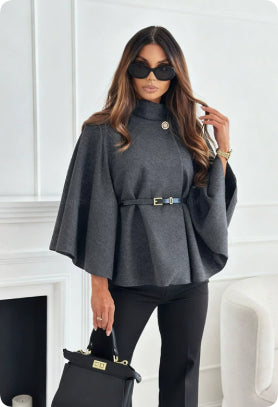 Women's Turtleneck Wool Poncho with Belt - Dark Gray
