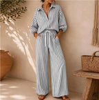 Women's Striped Shirt and Pants Set - Gray