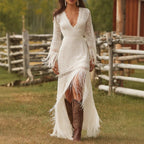 Women's White Boho Lace Fringe Maxi Dress V-Neck Fall Wedding Guest