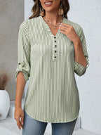 Women's Striped V-Neck Roll-Up Sleeve Blouse - Green Stripe