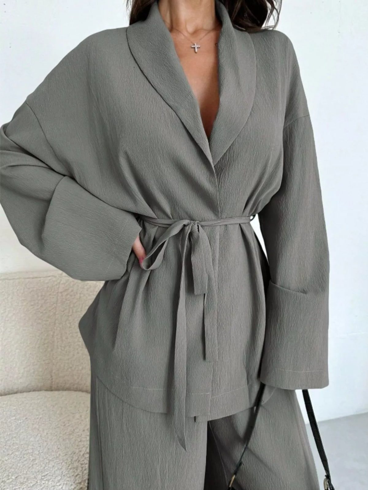 Women's Tie-Waist Top and Textured Wide-Leg Pants Set