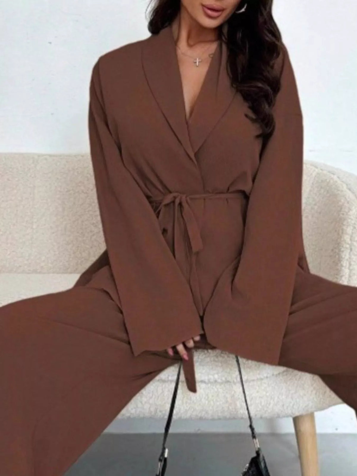 Women's Tie-Waist Top and Textured Wide-Leg Pants Set
