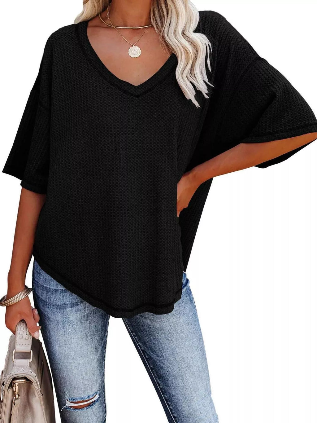 Women's Waffle Knit V-Neck Short Sleeve T-Shirt