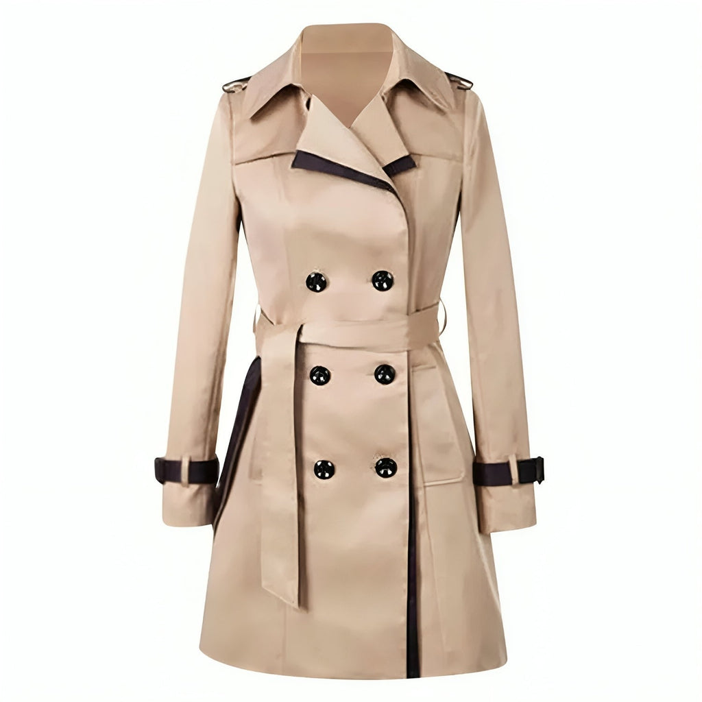 Women's Double-Breasted Trench Coat with Lapel Collar - Khaki