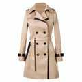 Women's Double-Breasted Trench Coat with Lapel Collar - Khaki