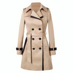 Women's Double-Breasted Trench Coat with Lapel Collar - Khaki