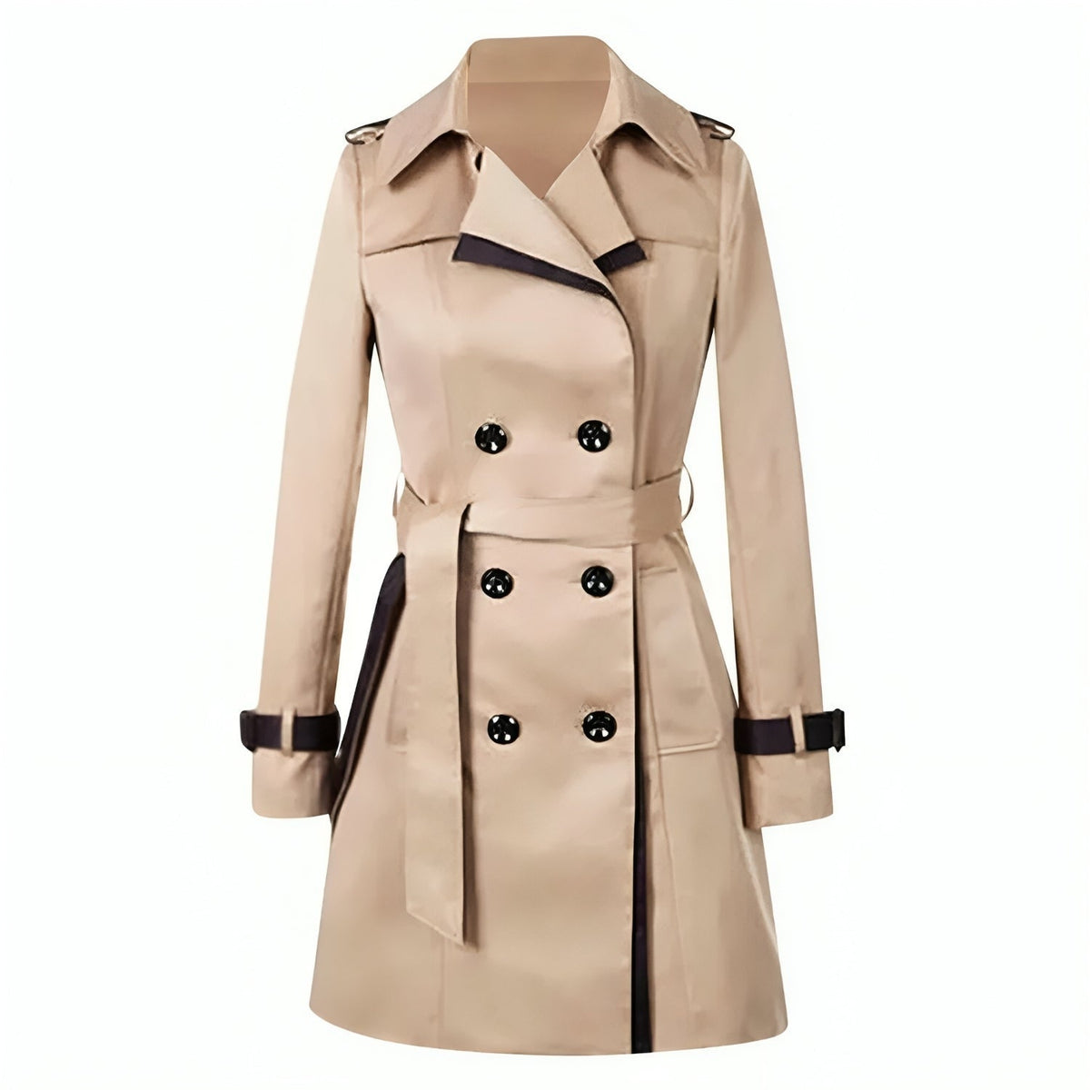 Women's Double-Breasted Trench Coat with Lapel Collar - Khaki