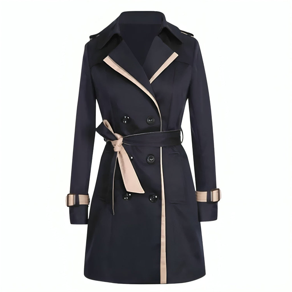 Women's Double-Breasted Trench Coat with Lapel Collar - Black