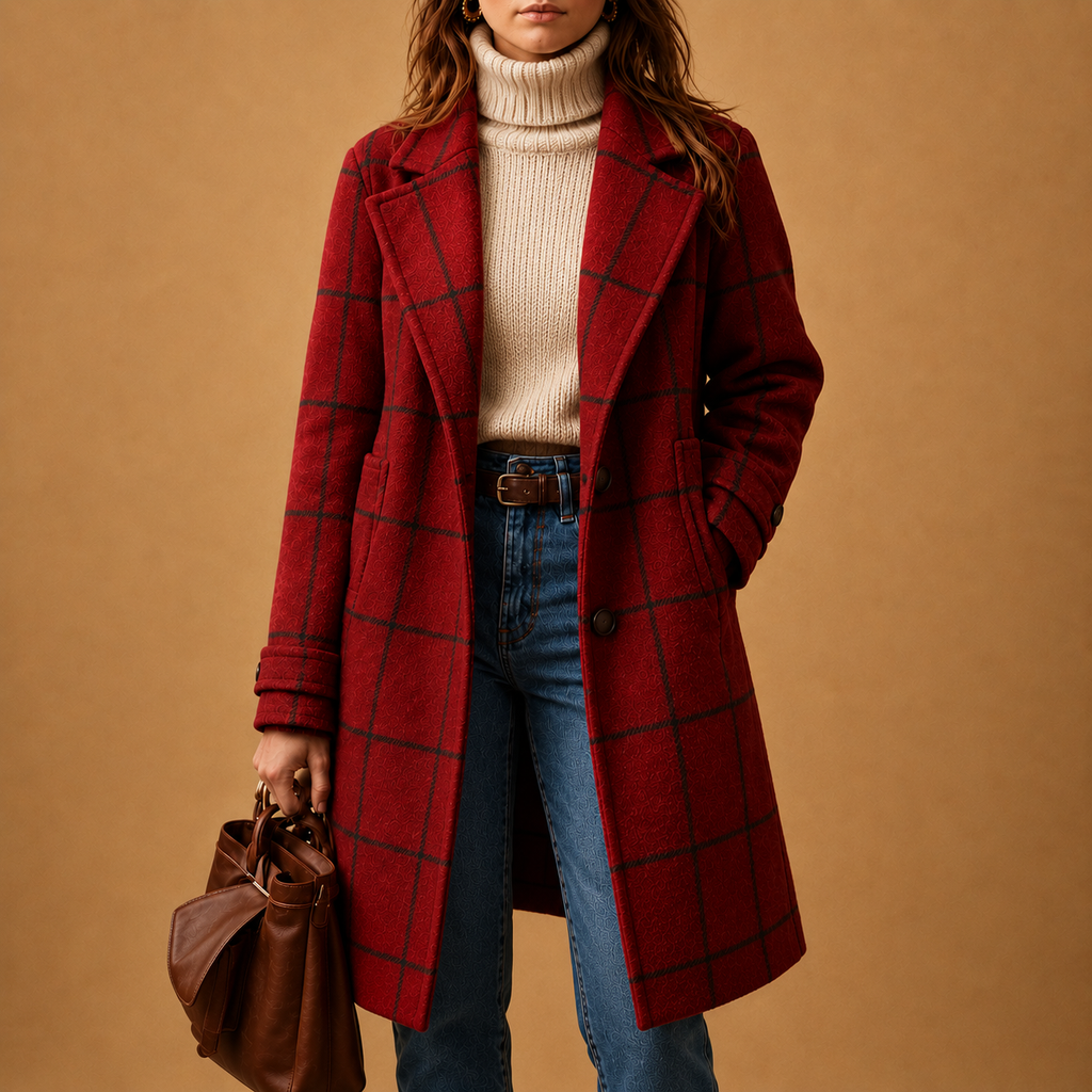Women's Elegant Classic Plaid Coat - Red