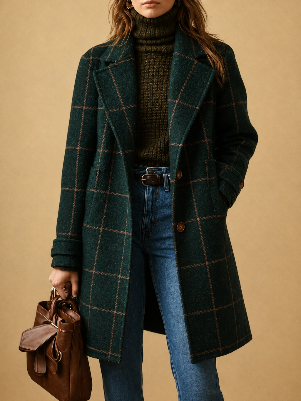 Women's Elegant Classic Plaid Coat - Green