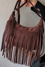 Women's Suede Fringe Shoulder Bag with Adjustable Strap - Dark Brown