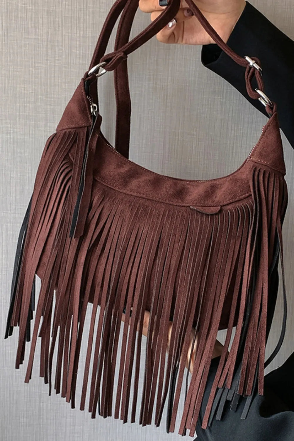 Women's Suede Fringe Shoulder Bag with Adjustable Strap - Dark Brown
