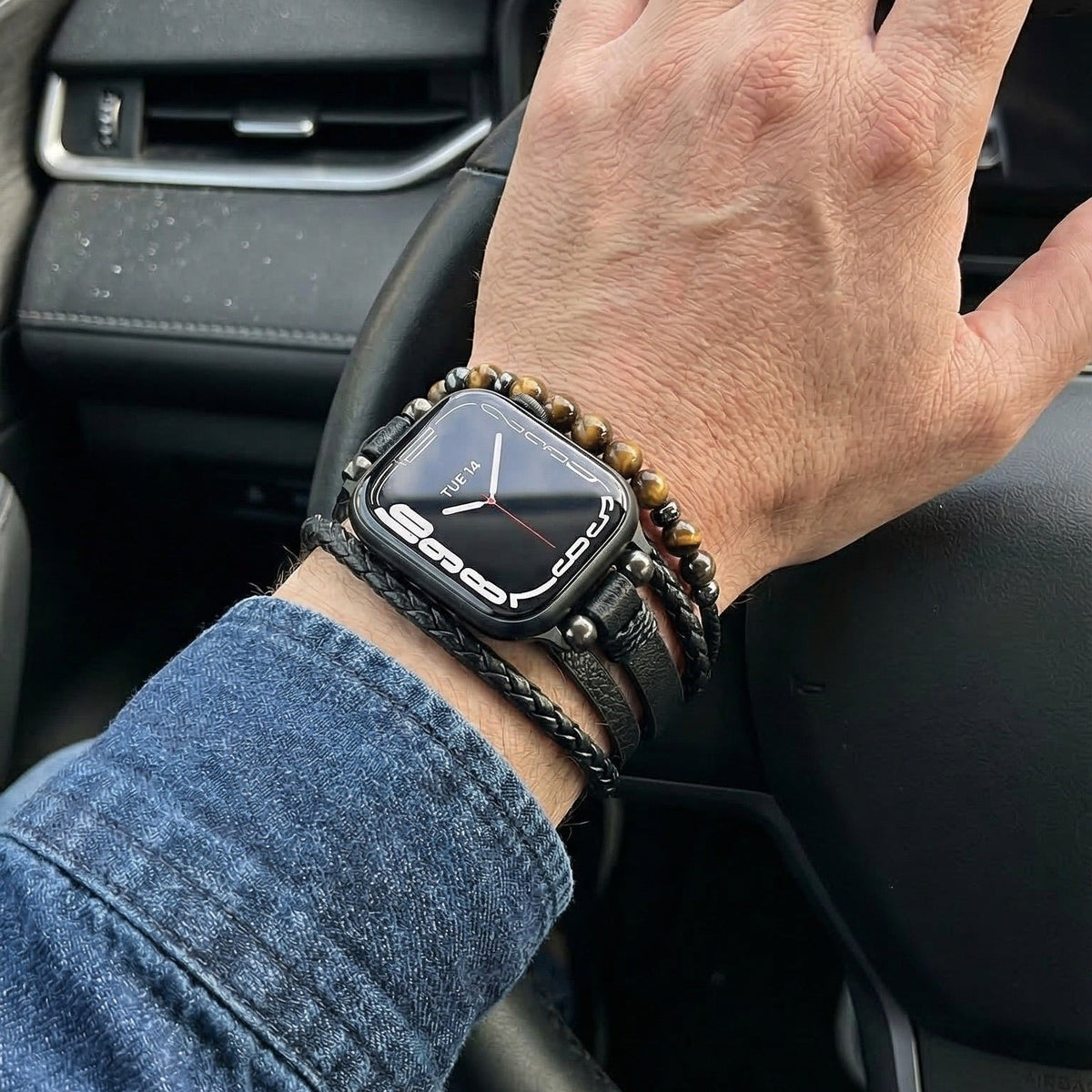 Multi-Row Apple Watch Band with Tiger Eye Beads Vegan Leather Adjustable Clasp