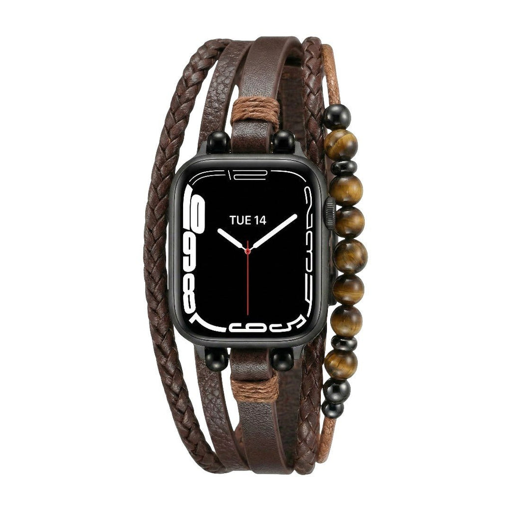 Multi-Row Apple Watch Band with Tiger Eye Beads Vegan Leather Adjustable Clasp - Coffee