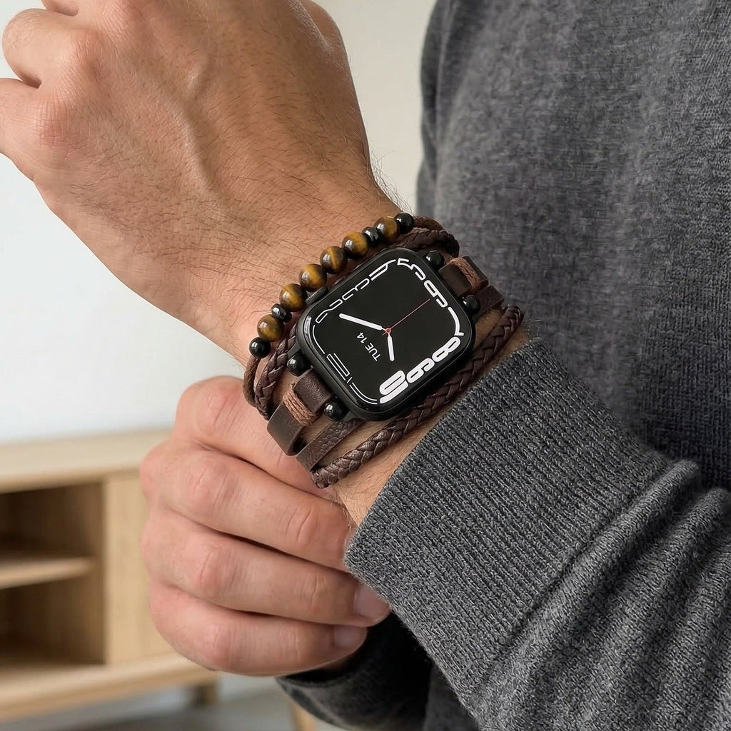 Multi-Row Apple Watch Band with Tiger Eye Beads Vegan Leather Adjustable Clasp
