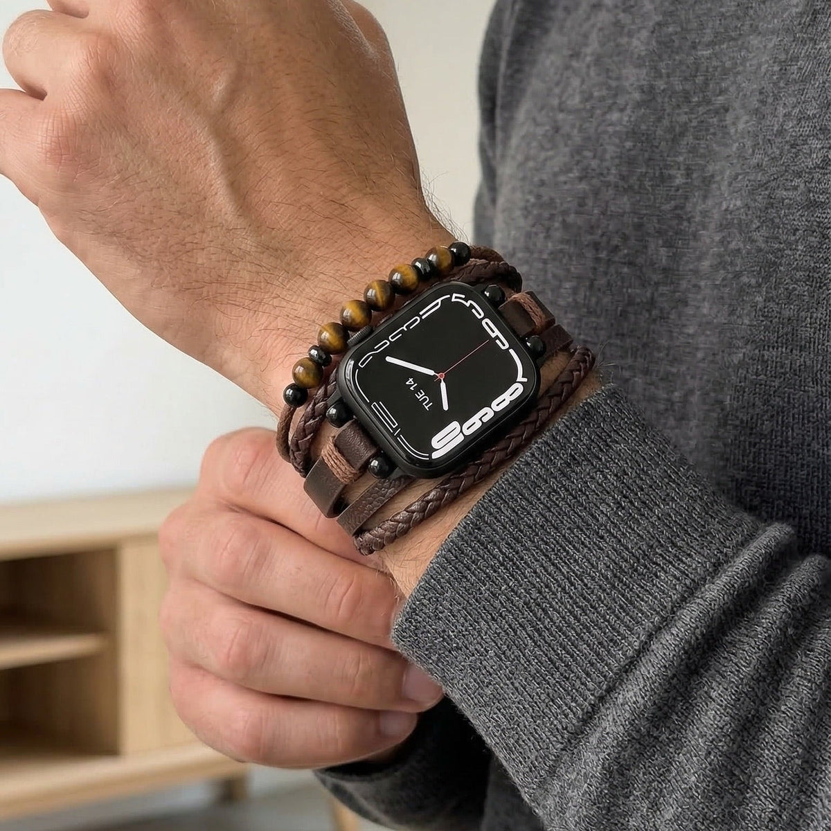 Multi-Row Apple Watch Band with Tiger Eye Beads Vegan Leather Adjustable Clasp