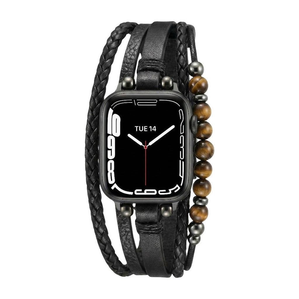 Multi-Row Apple Watch Band with Tiger Eye Beads Vegan Leather Adjustable Clasp - Black