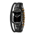 Multi-Row Apple Watch Band with Tiger Eye Beads Vegan Leather Adjustable Clasp - Black