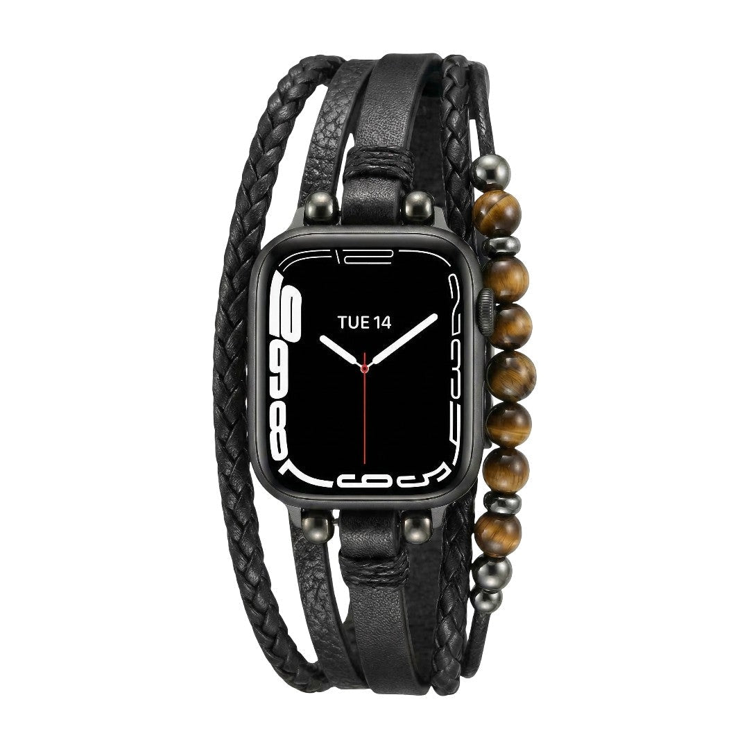 Multi-Row Apple Watch Band with Tiger Eye Beads Vegan Leather Adjustable Clasp - Black