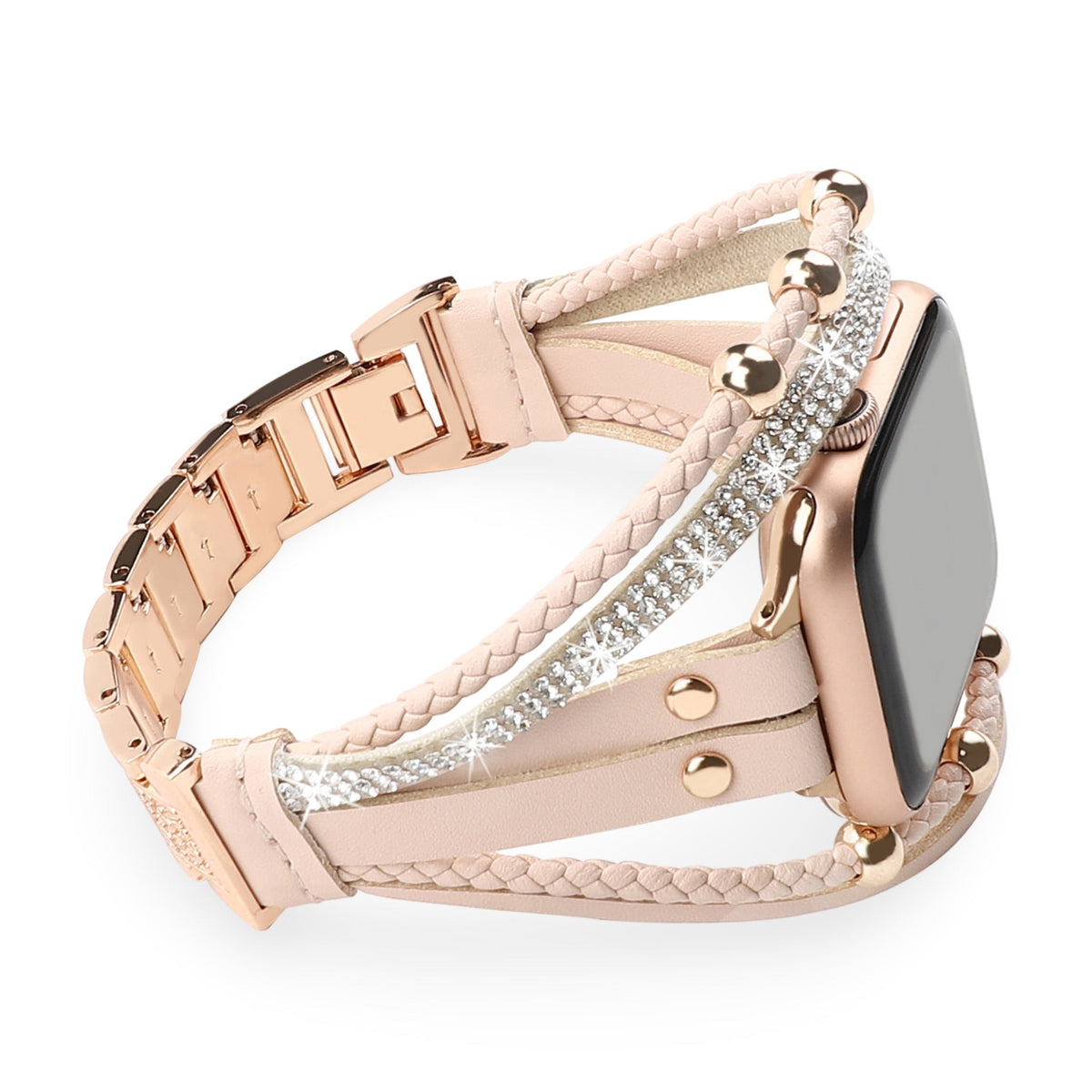 Women's Multi-Row Braided Apple Watch Band with Rhinestones - Pink