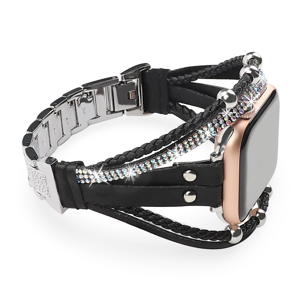 Women's Multi-Row Braided Apple Watch Band with Rhinestones - Black