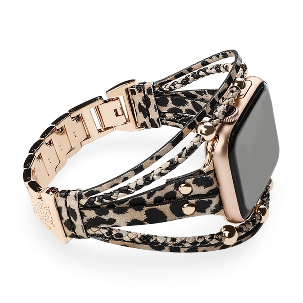 Women's Multi-Row Braided Apple Watch Band with Rhinestones - Leopard