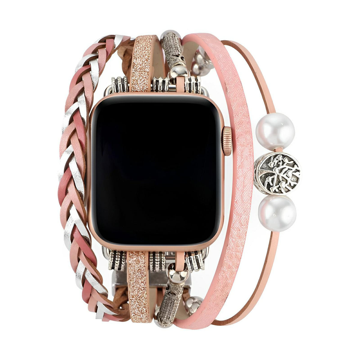 Women's Braided Multi-Strand Apple Watch Band with Tree of Life Charm - Pink