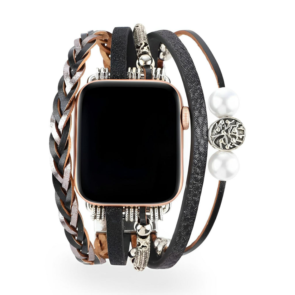 Women's Braided Multi-Strand Apple Watch Band with Tree of Life Charm - Black