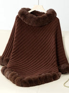 Women's 3/4 Sleeve Poncho with Faux Fur Trim Textured Cape - Chocolate