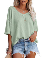 Women's Waffle Knit V-Neck Short Sleeve T-Shirt - Light Green