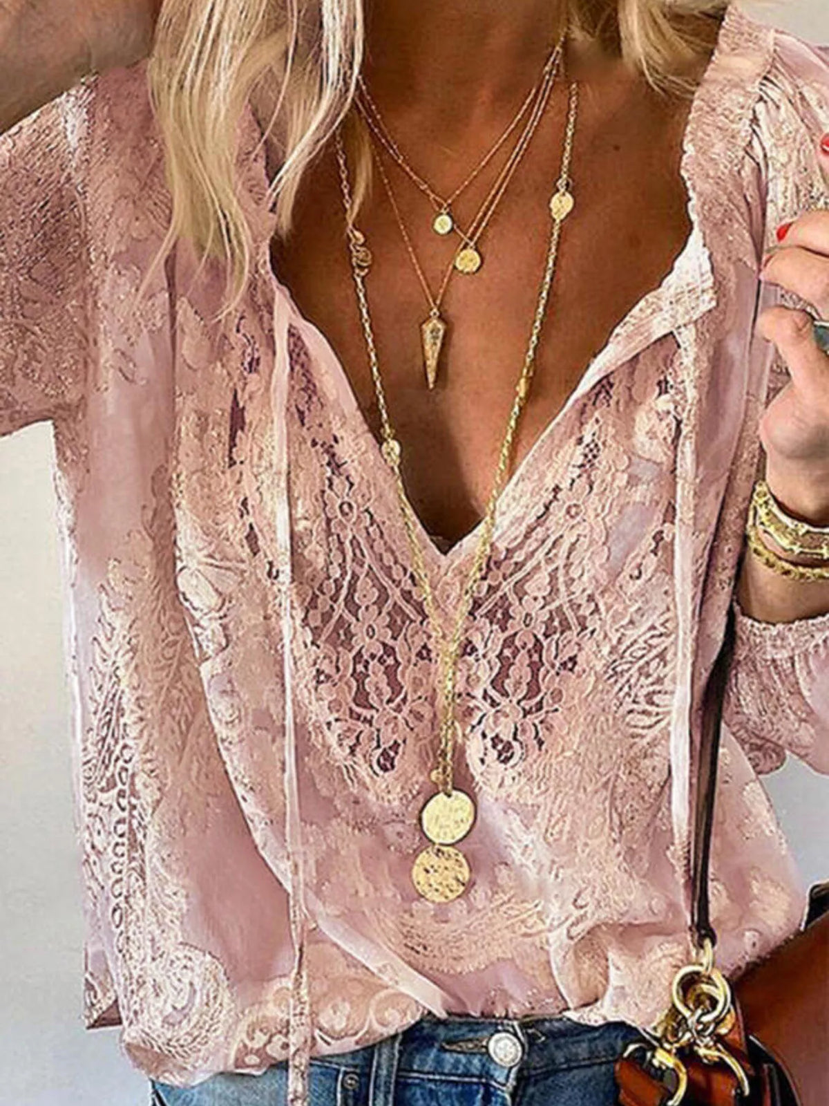 Women's Lace Tie-Neck Blouse - Pink
