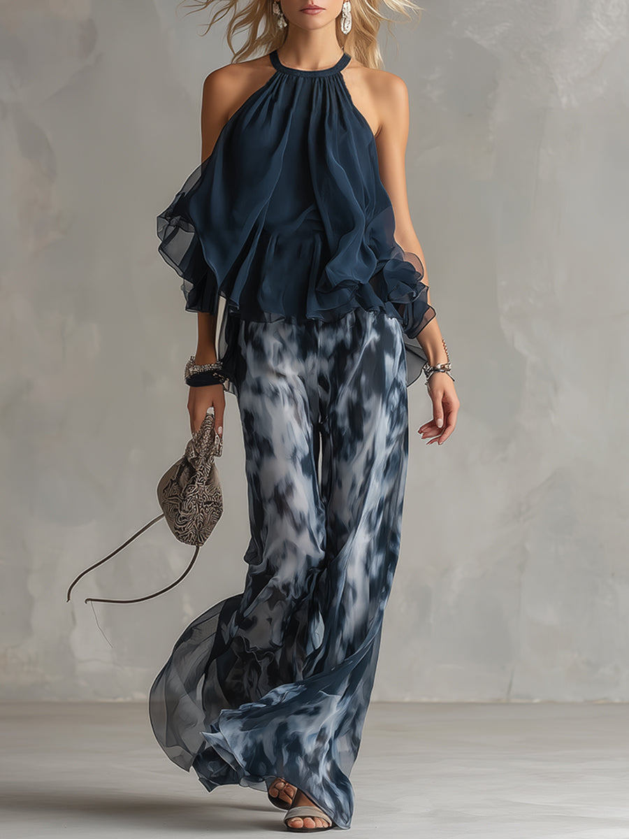 Women's Two-Piece Wedding Guest Set Ruffle Halter Top and Wide-Leg Pants - Navy Blue