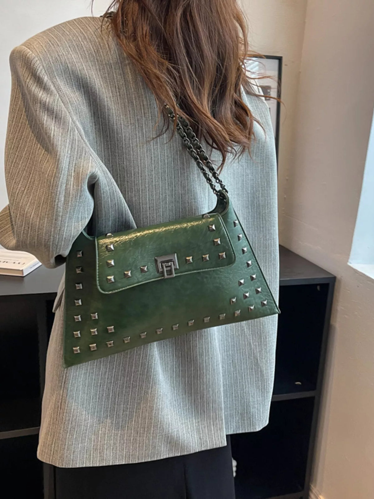 Women's Studded Flap Shoulder Bag with Chain - Green