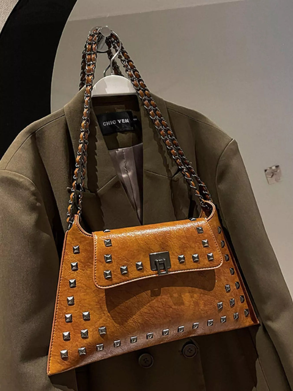 Women's Studded Flap Shoulder Bag with Chain