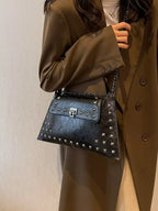 Women's Studded Flap Shoulder Bag with Chain - Black