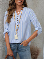 Women's Striped V-Neck Roll-Up Sleeve Blouse
