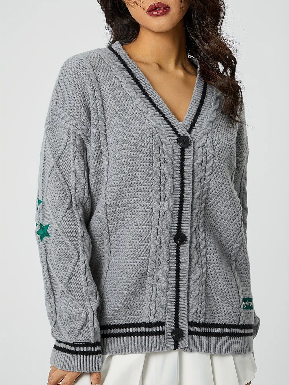 Women's V-Neck Long Sleeve Star Embroidered Knit Cardigan - Gray