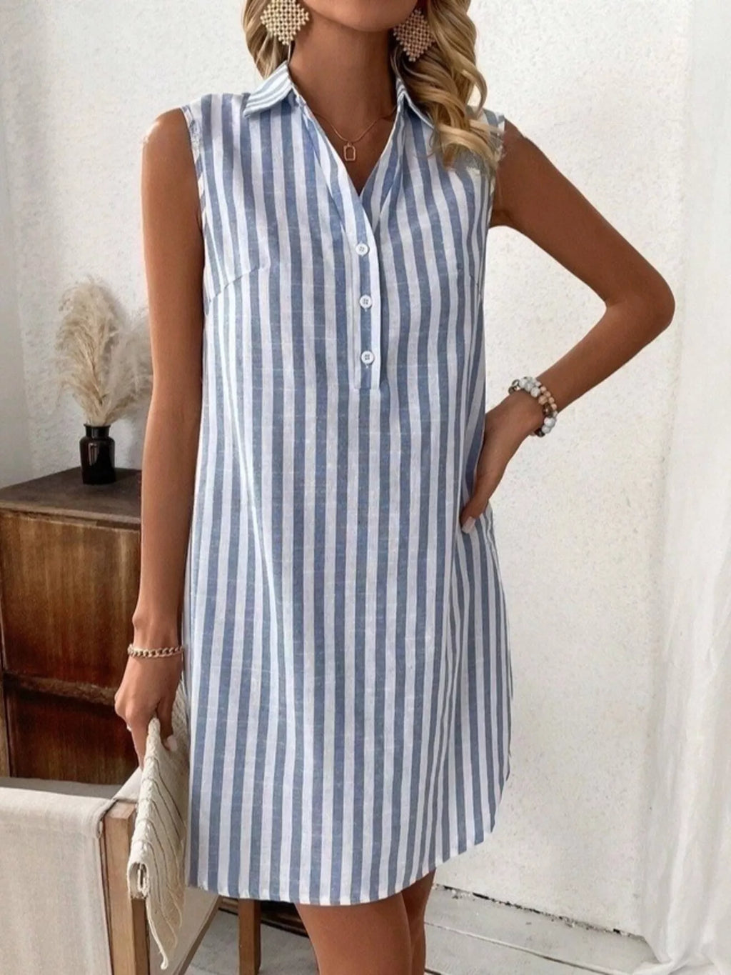 Women's Sleeveless Striped Shirt Dress with Button Detail