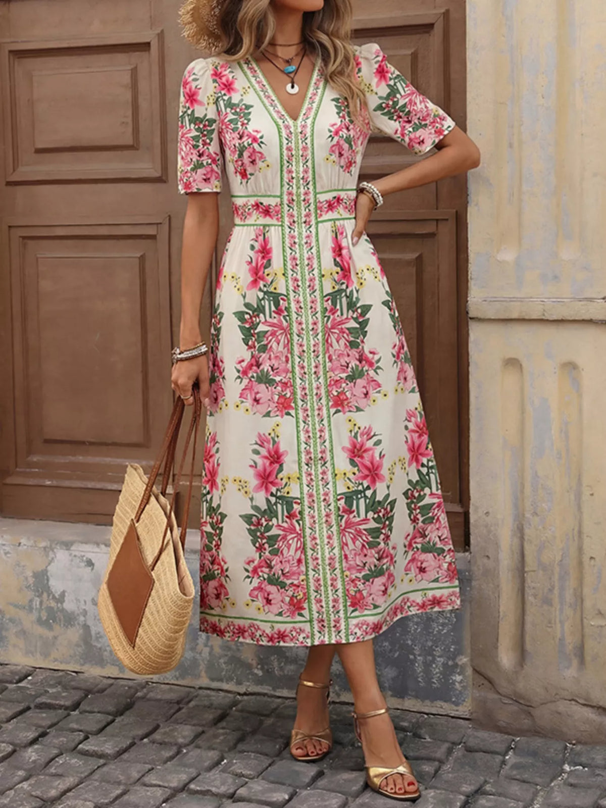 Women's Floral V-Neck Midi Dress