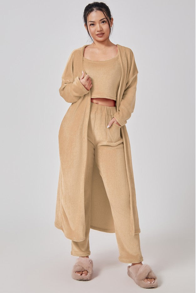 Women's Warm and Cozy 3-Piece Winter Pajama Set - Camel