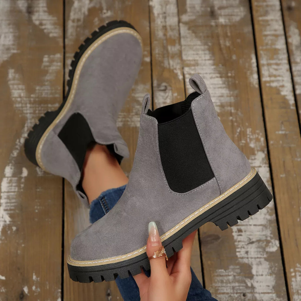 Women's Comfortable Block Heel Round Toe Ankle Boots for Fall and Winter - Gray