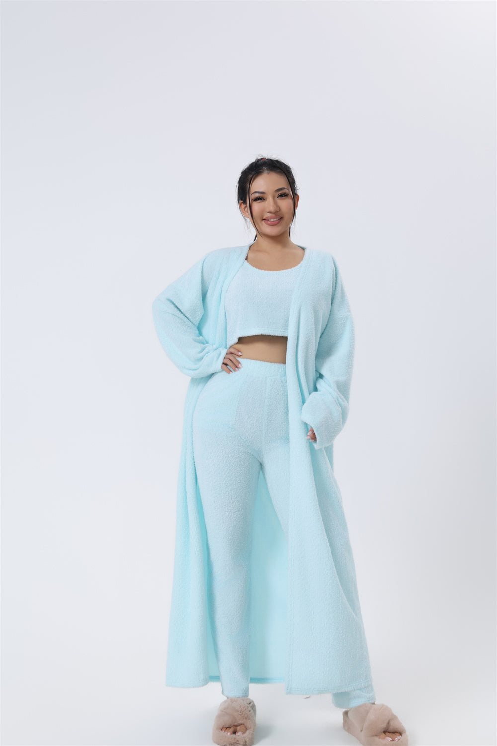 Women's Warm and Cozy 3-Piece Winter Pajama Set - Light Blue