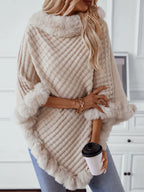 Women's 3/4 Sleeve Poncho with Faux Fur Trim Textured Cape - Beige